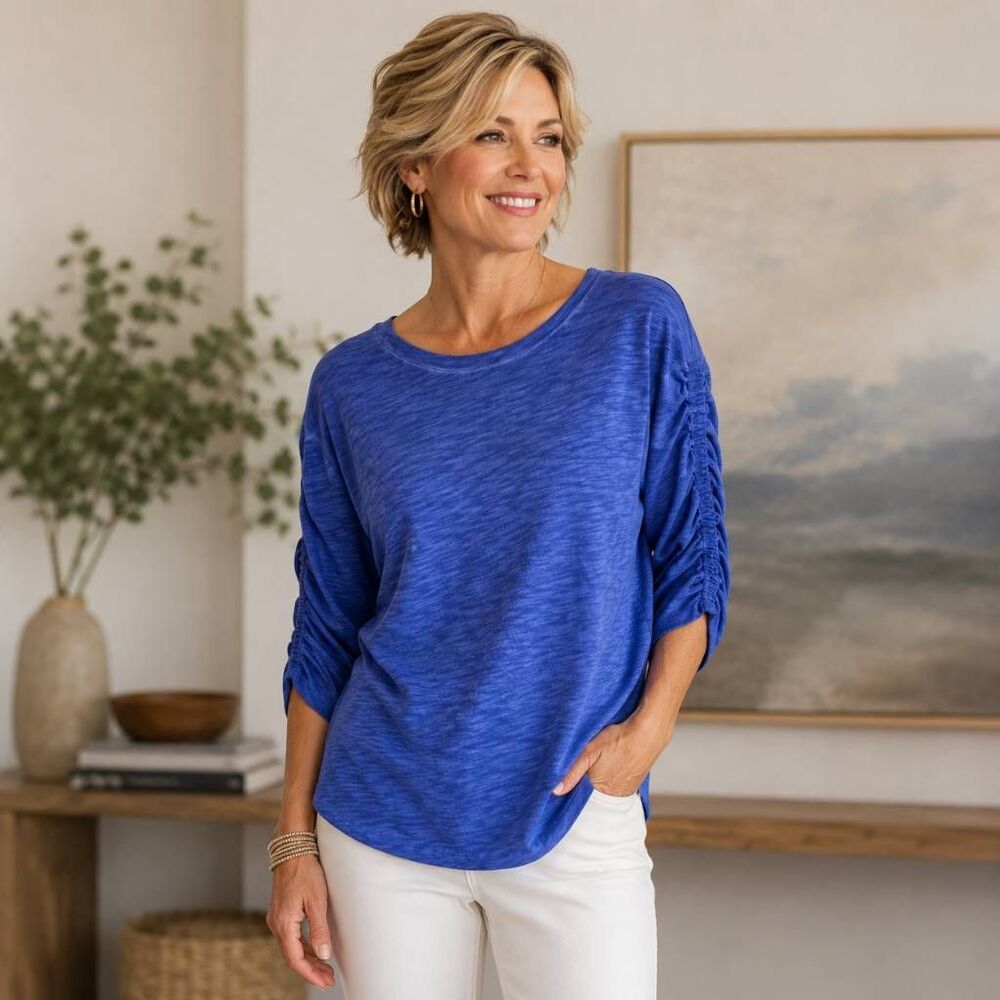 Elliott Lauren Womens Ruched 3/4 Sleeve Slub 100% Cotton Tee Blue Large